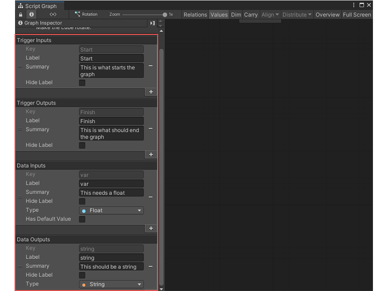 An image of the Graph Inspector, showing the options for adding ports to the currently open Script Graph.