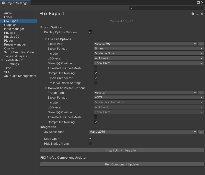 FBX Export Settings window