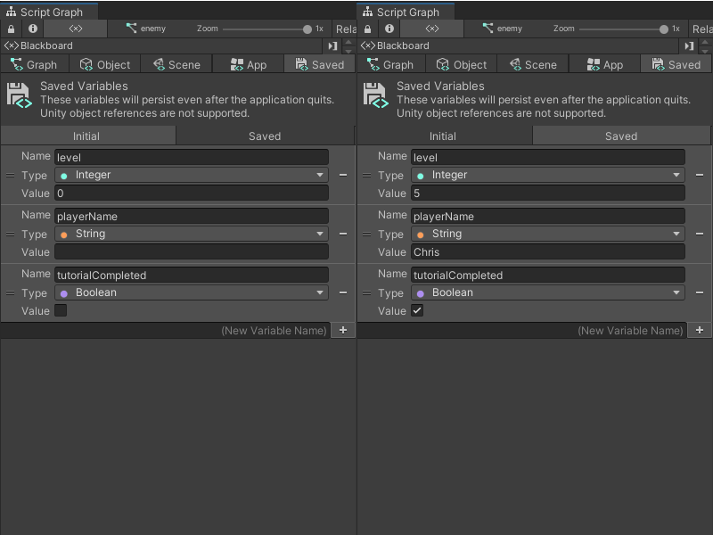 An image showing a comparison between the Initial and Saved tabs for a set of defined Saved variables.