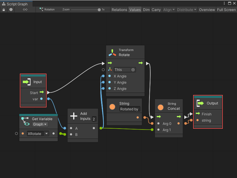 An image of the Graph window, showing the Input and Output nodes with ports. The ports appear after the Script Graph receives port definitions.